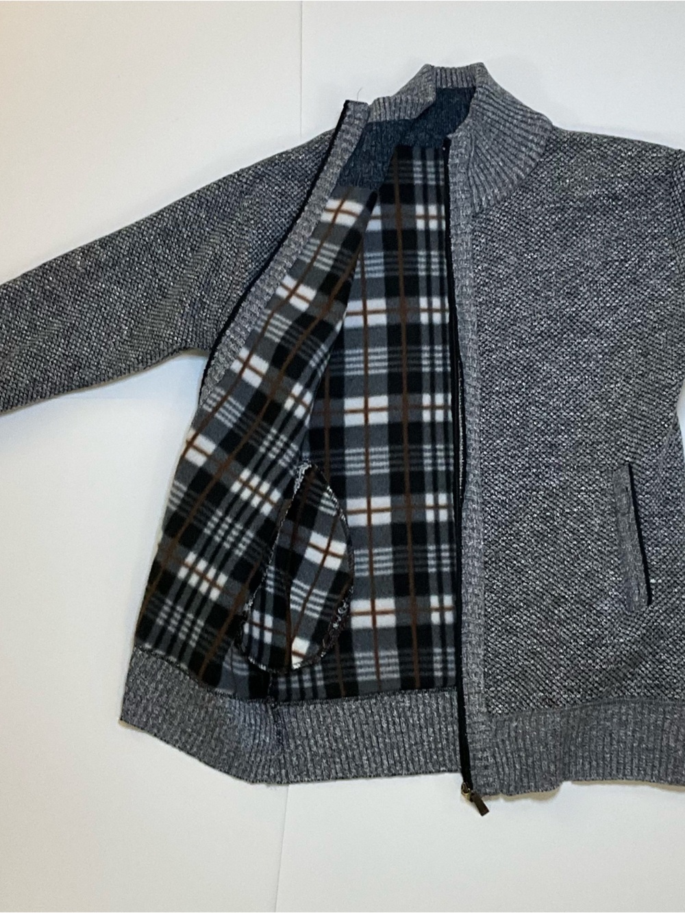 Men’s Gray Marled Full Zip Sweater Jacket Plaid Fleece Lined Size S - Picture 6 of 8